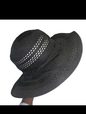 Black Crochet Floppy Straw Sun Hat One Size